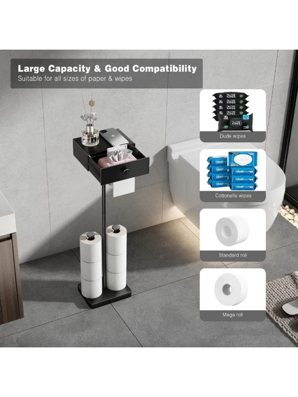 Freestanding Black Toilet Paper Holder with Shelf & Wipes Drawer - Heavy Duty